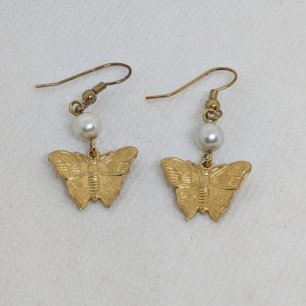 Handmade Butterfly Earrings Gold Tone Faux Pearl 1" Drop Cottagecore